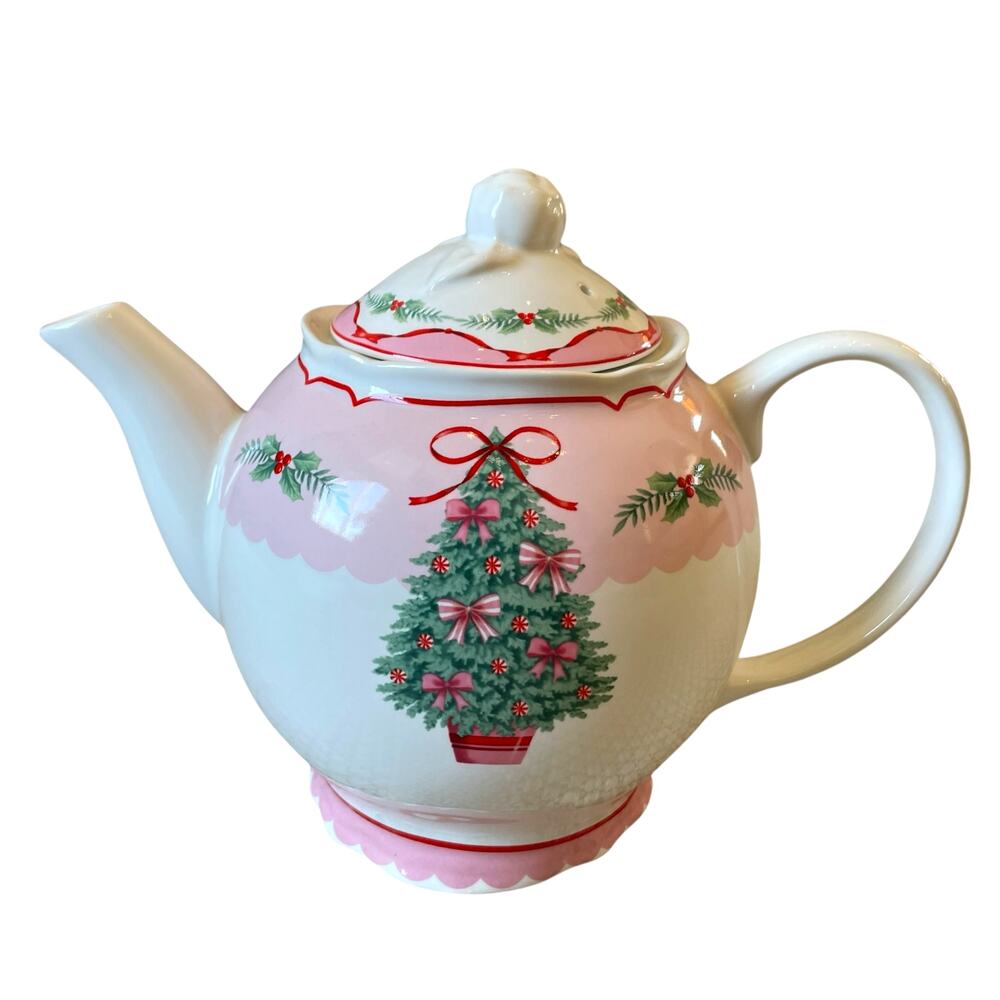 PINKMAS Pink Bows Christmas Tree Teapot 7 x 10" Porcelain Holly 222 Fifth 20 oz
